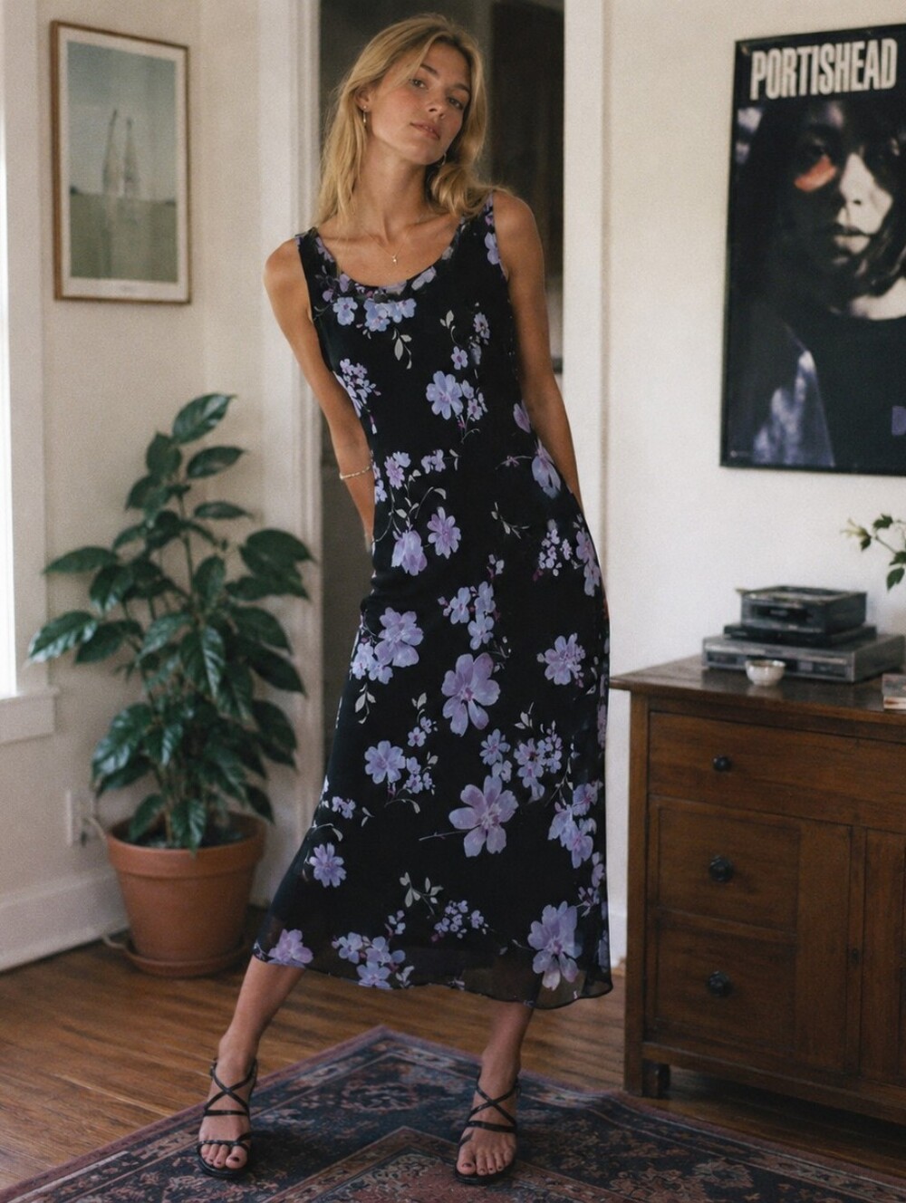 90s Y2K Black Midi Dress with Lilac Floral Print Whimsigoth Fairy Grunge Friends